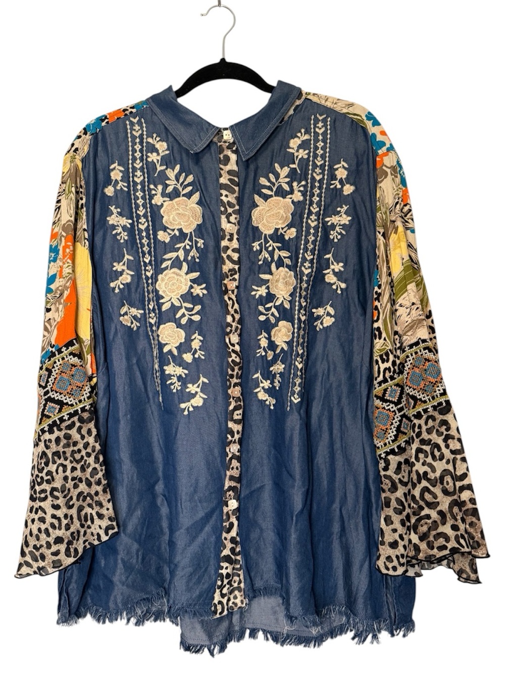 John Mark 3X Embroidered Chambray Blouse Mixed Print Leopard Bell Sleeve Boho